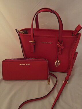 Michael Kors Poppy Red Crossbody Bag + Matching Wallet -- Medium